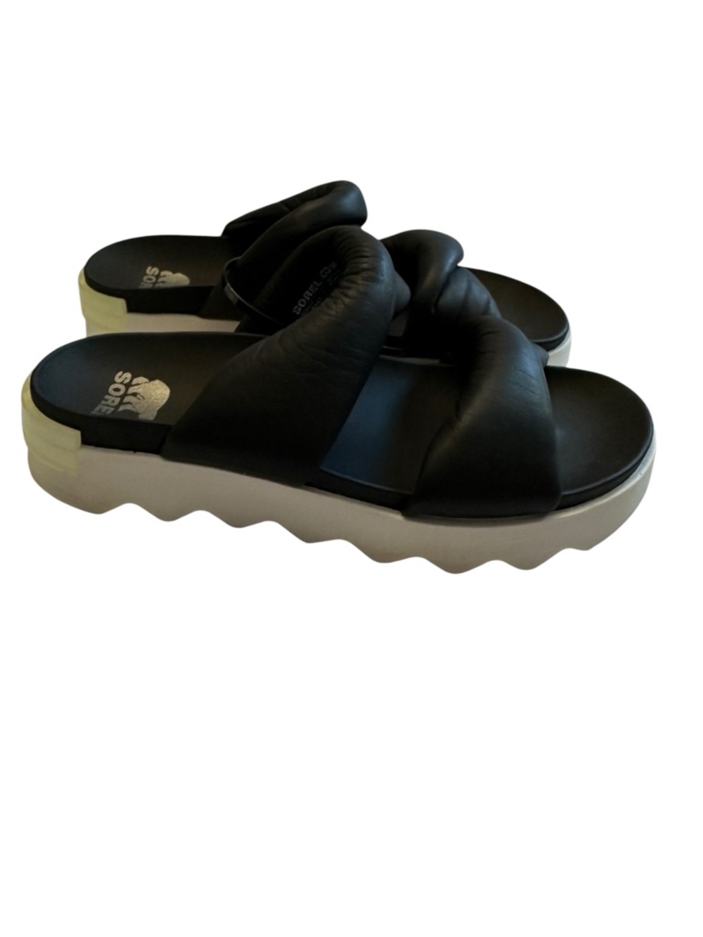 Sorel Viibe Twist Platform Slide Sandals Black Puffy Comfort Athleisure Womens 9
